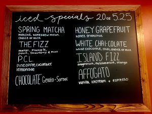 iced specials menu, spring matcha, the fizz, pcl, chocolate, honey grapefruite, white chai chocolate, island fizz, affogato